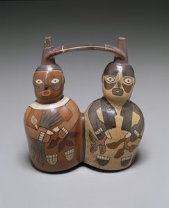 Dobbel tut stropp-håndtak fartøy: to figurer, midtre Nazca, AD 100-150 (keramikk med slip)