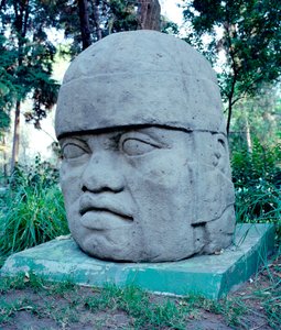 Før colombiansk sivilisasjon: kolossalt Olmec-hode. 10.-7. århundre f.Kr. Mexico. Park Musee de La Vente