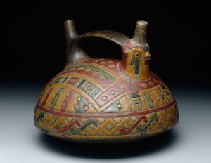 Dobbeltut stropphåndtakskar som viser en falk, Early Horizon, Epoch 8, ca. 500-400 f.Kr. (keramikk og harpikssuspendert maling) av Culture Paracas