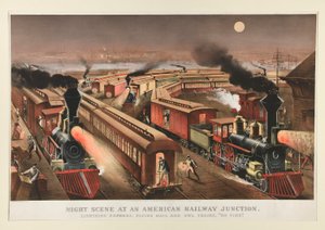 Nattscene ved et amerikansk jernbanekryss av Currier and Ives