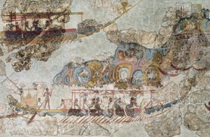 Flåte av skip, freskomaleri fra Thera, de sørlige Kykladene, Hellas kykladisk sivilisasjon, 3.-2. årtusen f.Kr.