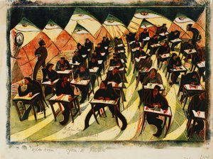 Eksamensrommet, ca. 1934 (linosnitt trykt i farger på tynt Japan)