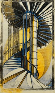 The Tube Staircase, ca. 1930 (linosnitt trykt i farger på vev Japan)