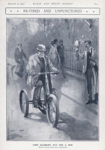Engelsk konservativ politiker og statsminister Lord Salisbury som sykler på en trehjulssykkel (litho)