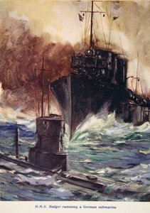 'HMS Badger ramler en tysk ubåt', illustrasjon fra 'Told in the Huts: The YMCA Gift Book', utgitt 1916