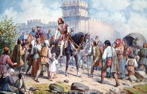 Charles IV hilser vanlige mennesker under sin utvidelse av festningsverkene til Praha i 1361, postkort fra begynnelsen av det tjuende århundre (litho-farge) av Czech School
