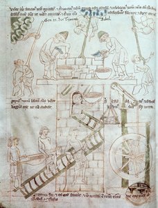 Ms 23 C 124 fol.3 Byggingen av Babelstårnet, fra Velislav-bibelen, ca. 1340 av Czech School