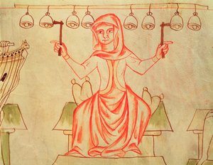 Mx XXIII C.124 Musiker som spiller bjeller, fra Velislav-bibelen, ca. 1340 av Czech School