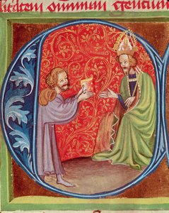 Forfatteren tilbyr sin bok til Charles IV (1316-78) av Böhmen, fra Opus Ruralium Commodorum av Pietro de Crescenzi (1230-1321) av Czech School