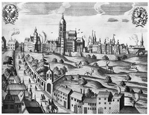 Utsikt over Praha som viser det keiserlige palass og teologisk høyskole, ca. 1618 av Czech School