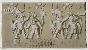 Basrelieff av gamle aztekiske krigere, fra The Stone of Tizoc til minne om en hersker som holder fangene sine ved hodet