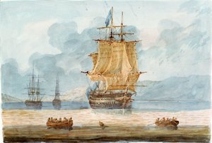 Britisk krigsskip og andre fartøy i en ankerplass, med skipsbåter i forgrunnen, ca. 1798–1805 (akvarell) av D. Tandy