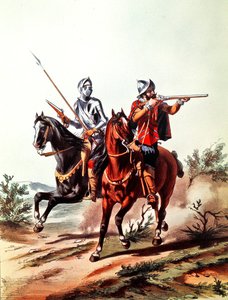 Fransk kavaleri bevæpnet med hjullåspistoler (farge litho) av D. de (after) Noirmort