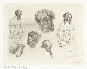 Studieark med hoder og kvinnekropper av D. van den Bosch