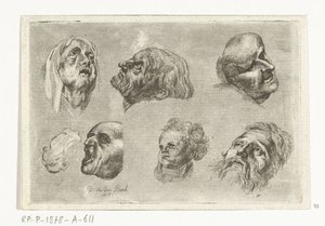 Studieark med syv hoder i to rader av D. van den Bosch