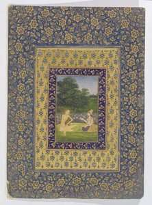 Layla Reading til Majnun, som sitter under et tre ved et lotusbasseng, Delhi, ca. 1720-40 av Dal Chand