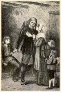 Christian betror seg til sin kone fra The Pilgrims Progress From This World, To That Who Is To Come av John Bunyan (1628-1688) illustrasjon av Thomas Dalziel (1823-1906) Christian med den tunge byrden av Dalziel Brothers
