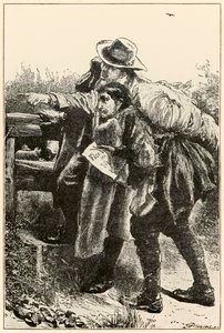 Evangelist viser vei fra The Pilgrims Progress From This World, To That Who Is To Come av John Bunyan (1628-1688) illustrasjon av Thomas Dalziel (1823-1906) Evangelist viser Christian the wa