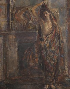 Drapert kvinne stående ved en kappe (verso), 1938 (olje på lerret)