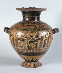 Svartfigur hydria som viser Nereidene som sørger over Achilles, ca. 560–550 f.Kr. (keramikk)