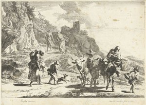 Kvinne på et pakket esel, mann med ku og andre reisende i fjellandskap Southern Landscapes (serietittel)