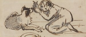 Et barn som leker med en hund (blyant, penn og brunt blekk på papir) av Daniel Maclise