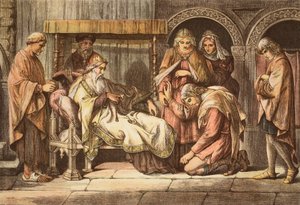 Harold, som vender tilbake fra Normandie, presenterer seg for Edward the Confessor, gravert av JD Cooper (farget gravering) av Daniel Maclise