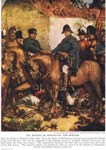 The Meeting of Wellington and Blucher, ca. 1940-tallet (farge litho) av Daniel Maclise