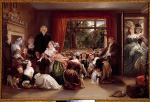 Tøffeljaktens spill Spillscene i et engelsk borgerlig interiør. Maleri av Daniel Maclise (1806-1870) Privat samling fra 1800-tallet