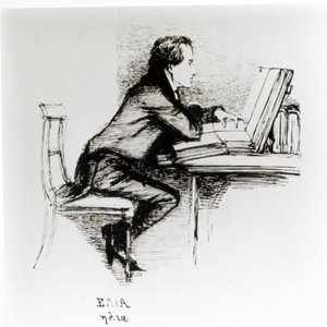 Portrett av Charles Lamb (1775-1834) (penn og blekk på papir) (s/hvitt foto) av Daniel Maclise