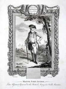 Major John Andre, avdøde generaladjutant for den britiske hæren i Nord-Amerika, gravert av Thomas Cook (1744-1818) ca. 1785 (gravering)