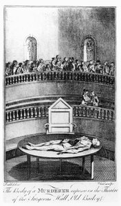Morderens kropp avslørt i Theatre of the Surgeons#39; Hall, Old Bailey, London, gravert av White (gravering)