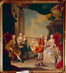 Francois I av det hellige rike (1708-1765) og hans kone, imponen Marie Therese Iere (1717-1780) med sine elleve barn på terrassen til slottet Schönbrunn (eller Schönbrunn) Den fremtidige dronningen Marie Antoinette poserer i sentrum fortsatt baby. Maling av Daniel (and Studio) (after) Mytens