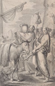 Figurer til høyre nær et skip, noen holder opp dyr over hodet, en hest til venstre, 1783 av Daniel Berger