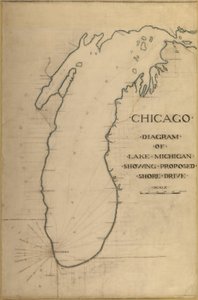 Plate 35 fra Plan of Chicago 1909: Chicago, and Diagram of Lake Michigan. Foreslått kjørebane...