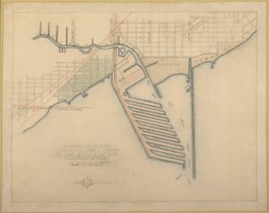 Plate 72 fra The Plan of Chicago, 1909: Chicago. Skissediagram av dokker foreslått ved munnen...