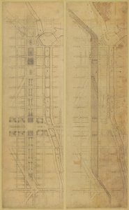 Plate 78 2 tegninger fra The Plan of Chicago, 1909: Foreslått plassering og arrangement av...