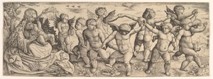 Jomfru og barn med engler som danser i et landskap, 1530-tallet. av Daniel Hopfer