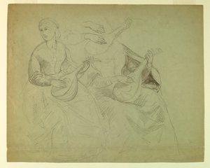 Skisser av en kvinne med en lut, studie for "Titian viser gravleggelsen til Charles V og Clement VII" av Daniel Huntington