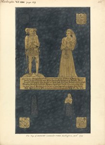 Messingplate for Gregory Lovell og hans kone Anne, datter av David Bellingham, Harlington Church av Daniel Lysons