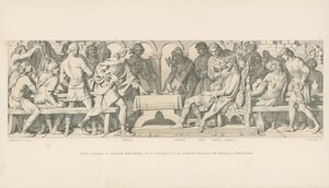 Harold erobreren på Stamford, og såret, sitter på en bankett i York. En herold kunngjør landingen til hertug William av Daniel Maclise