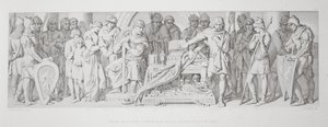 Harolds troskapsed til William, sverget over de skjulte relikviene til helgenene, fra 'The Story of the Norman Conquest', gravert av L. Gruner, 1866 88:Harold II (ca. 1022-66), kronet i 1. av Daniel Maclise