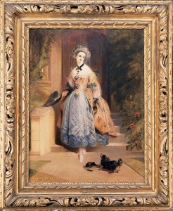 Portrett av Louisa Jane, Marchioness of Abercorn, liten i full lengde, i en forseggjort brodert gul og blå kjole, ved inngangen til et hus, med en spaniel, 1832 av Daniel Maclise