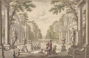 Utsikt over en palasshage med en sentral dam omgitt av klassisk arkitektur..., ca. 1700-1720.