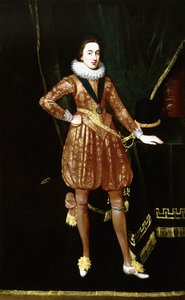 Portrett av kong Charles I som prinsen av Wales, i full lengde, foran en grønn fløyelsdrapering, iført Saint George-ordenen, en gullbrodert dublett og knebukser, med venstre hånd hvilende ved siden av hatten på et bord,