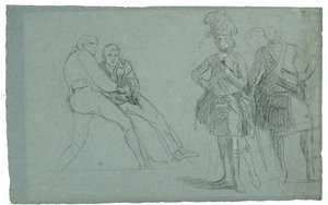 Studie for The Siege of Gibraltar (Studie av oberstløytnant Lindsay og figurer som trekker på et tau), ca. 1786-1787 (grafslips og svart og hvitt kritt på gråblått papir) av Daniel Mytens