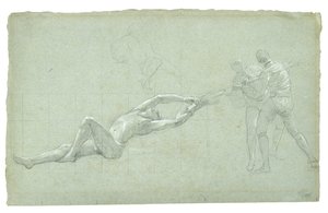 Studie for The Siege of Gibraltar (Studium of Rescued Figure and Two Figures Pulling on an Oar), 1785-1786 (svart og hvitt kritt på grågrønt papir) av Daniel Mytens