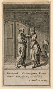 En far eller verge snakker med en jente, illustrasjon av skuespillet "Not more than sachs Schuesseln" av Fredrich Wilhelm Grossman i "Königl: Grosbrit [rian] genealogisk kalender for 1782-året Lauenberg av J.G. Berenberg" av Daniel Nikolaus Chodowiecki