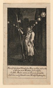 En nattevakt, illustrasjon for "Königl: Grosbrit [anian] genealogisk kalender for 1780-året Lauenberg av J.G. Berenberg" av Daniel Nikolaus Chodowiecki