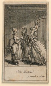 An Elderly Woman Scolding a Girl, illustrasjon av skuespillet "Not more than sachs Schuesseln" av Fredrich Wilhelm Grossman i "Königl: Grosbrit [anian] genealogical calendar for the 1782 year Lauenberg av J.G. Berenberg" av Daniel Nikolaus Chodowiecki